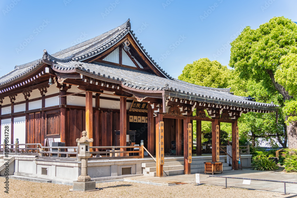 Osaka, Japan - 05.05.2024: Shitennoji Buddhist temple complex located in Osaka, Japan. Traditional Japanese architecture Osaka, Japan - 05.05.2024: Shitennoji Buddhist temple complex located in Osaka, Japan. Traditional Japanese architecture