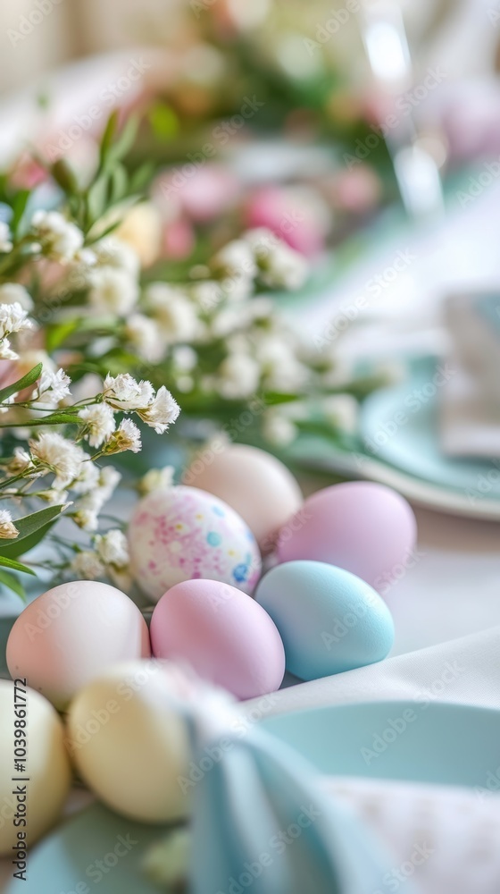 Easter eggs are lying on a festive table with flowers Easter eggs are lying on a festive table with flowers