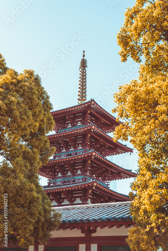 View with The Five Story Pagoda at Shitennoji Gojunoto temple in Osaka, Japan. photo