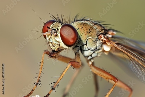 A close-up view of a vibrant fly perched on a twig during a sunny afternoon in nature photo