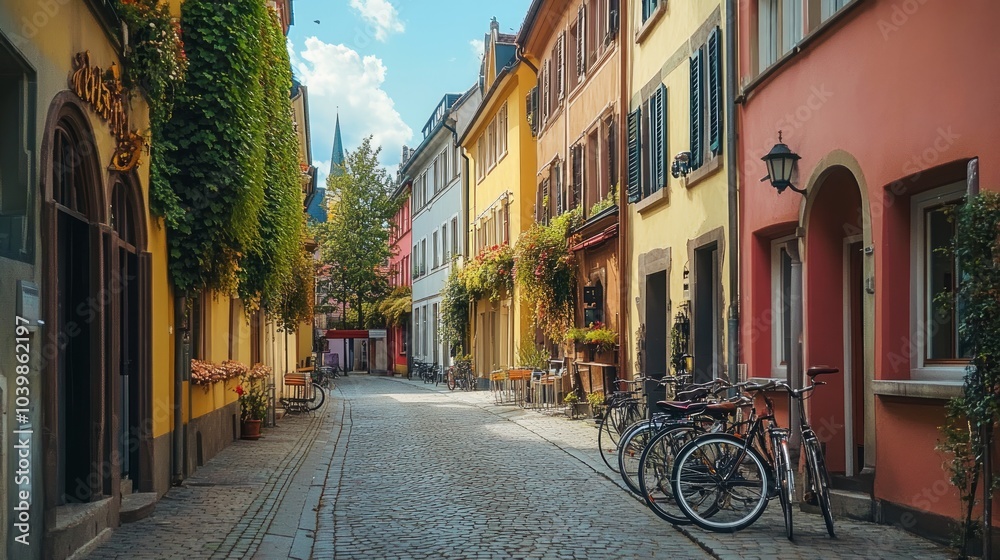 Obraz premium Traditional european architecture lining a quiet street, with bicycles and clear skies..