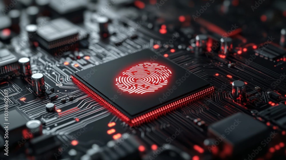 Digital fingerprint on a red and black circuit board, biometric security concept Digital fingerprint on a red and black circuit board, biometric security concept