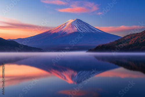 Reflection of Mount Fuji on the lake at dawn, stunning scenery.