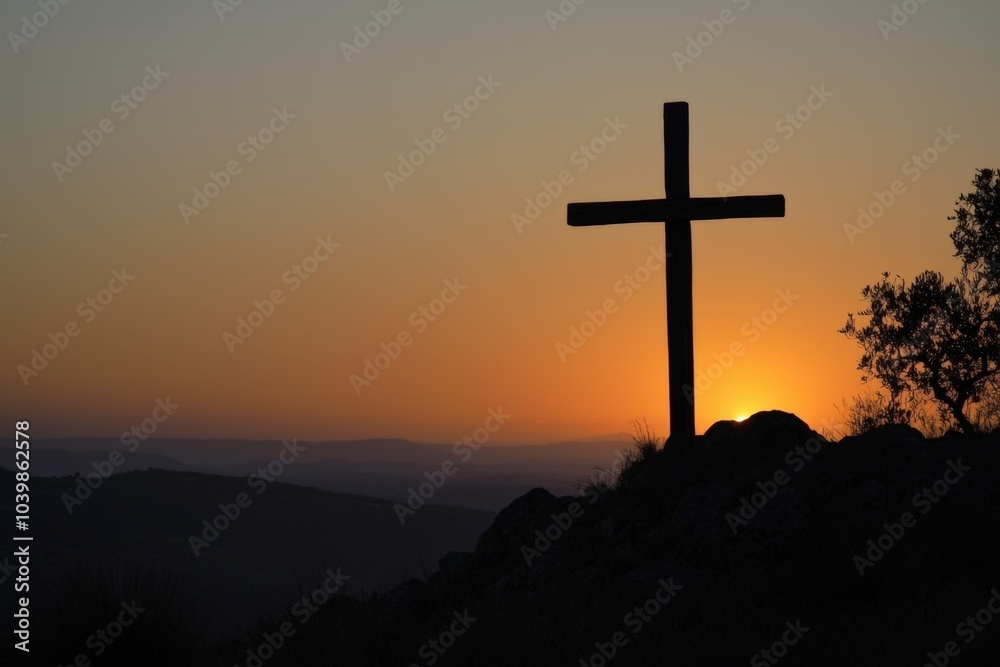 A serene sunset illuminating a silhouetted cross atop a peaceful hill A serene sunset illuminating a silhouetted cross atop a peaceful hill