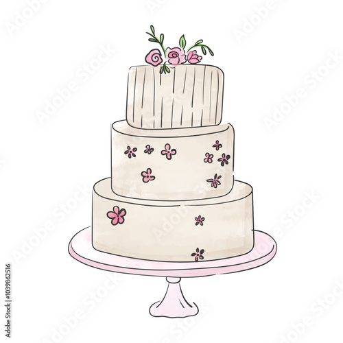 Wedding cake decorated with flowers Vector illustration hand drawing