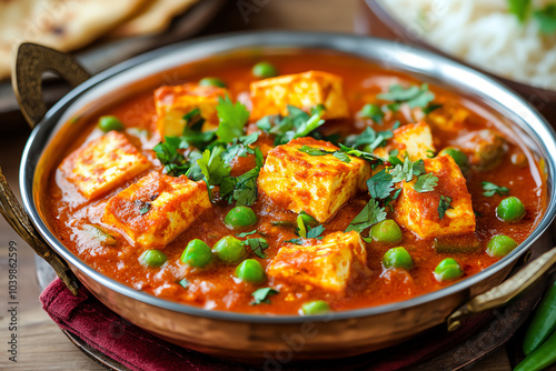 Paneer dish with peas in rich sauce.