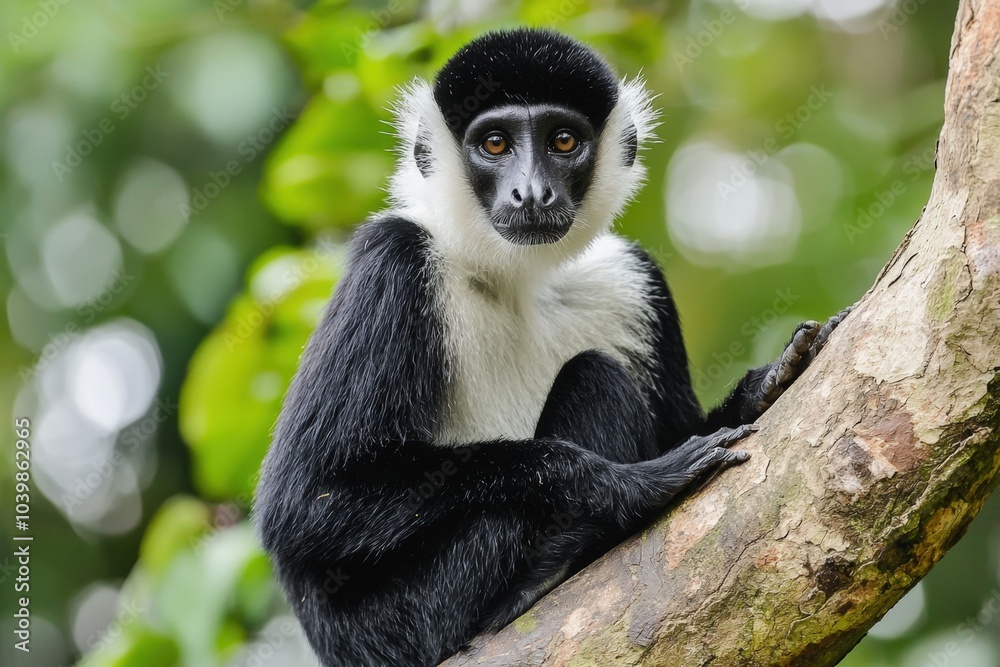 A curious black and white monkey perched on a tree branch in a lush tropical forest A curious black and white monkey perched on a tree branch in a lush tropical forest