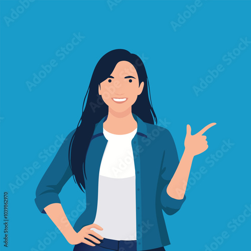 A woman points with her finger, directing attention to a specific object or area flat vector illustration.