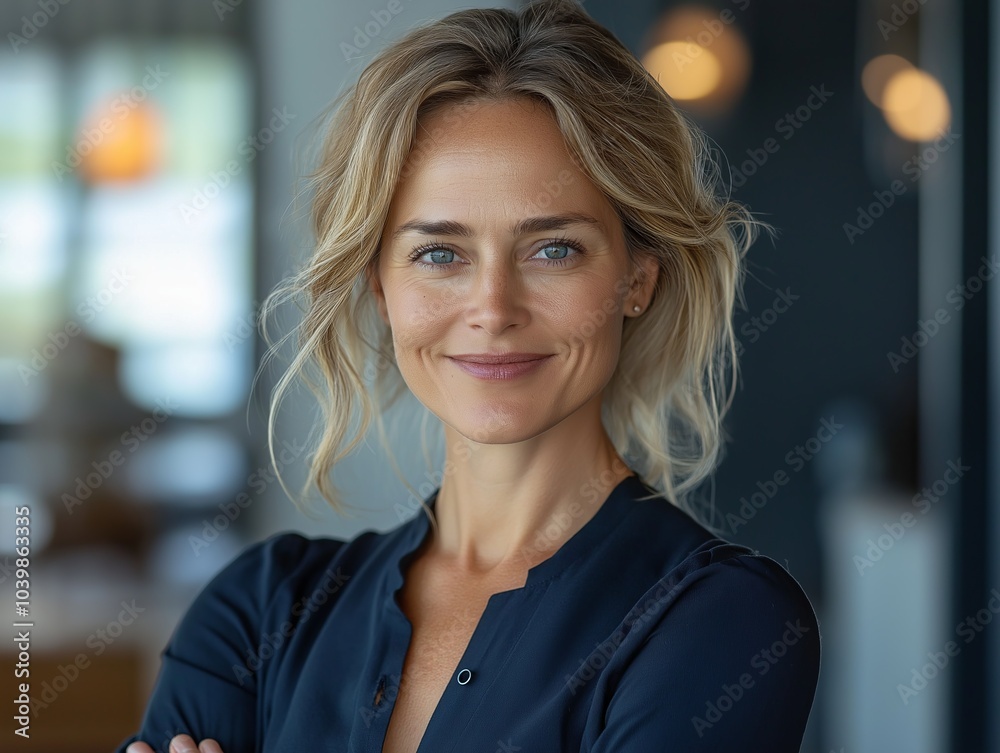 Businesswoman from Norway smiling with confidence in office Businesswoman from Norway smiling with confidence in office