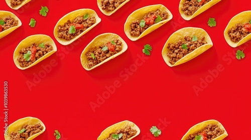 A flat lay of mini tacos with ground beef, salsa, and cilantro on a red background with copy space.