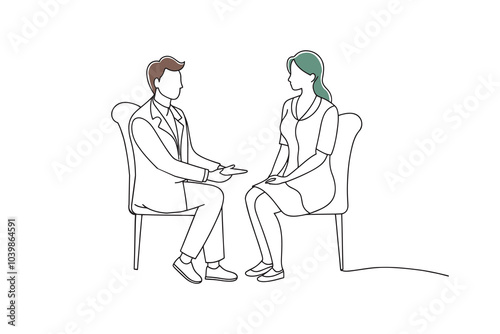 Doctor engaged in conversation with a woman seated in a chair, symbolizing patient interaction isolated continuous line art flat vector illustration on white background.