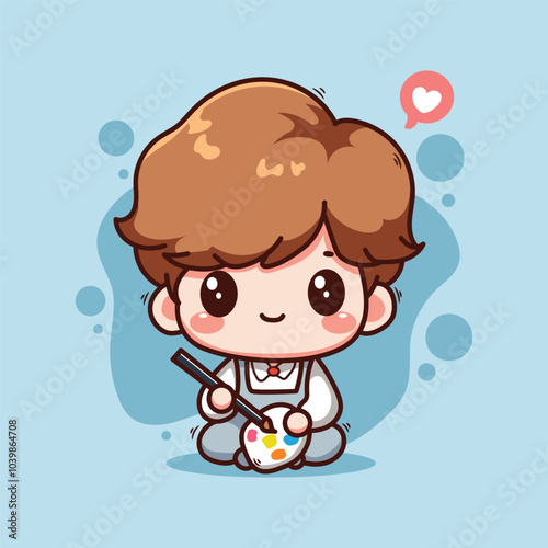 cute boy with brush and palette cartoon character vector illustration design