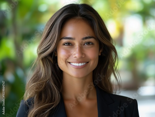 Beautiful businesswoman from Peru smiling outdoors with blurred background