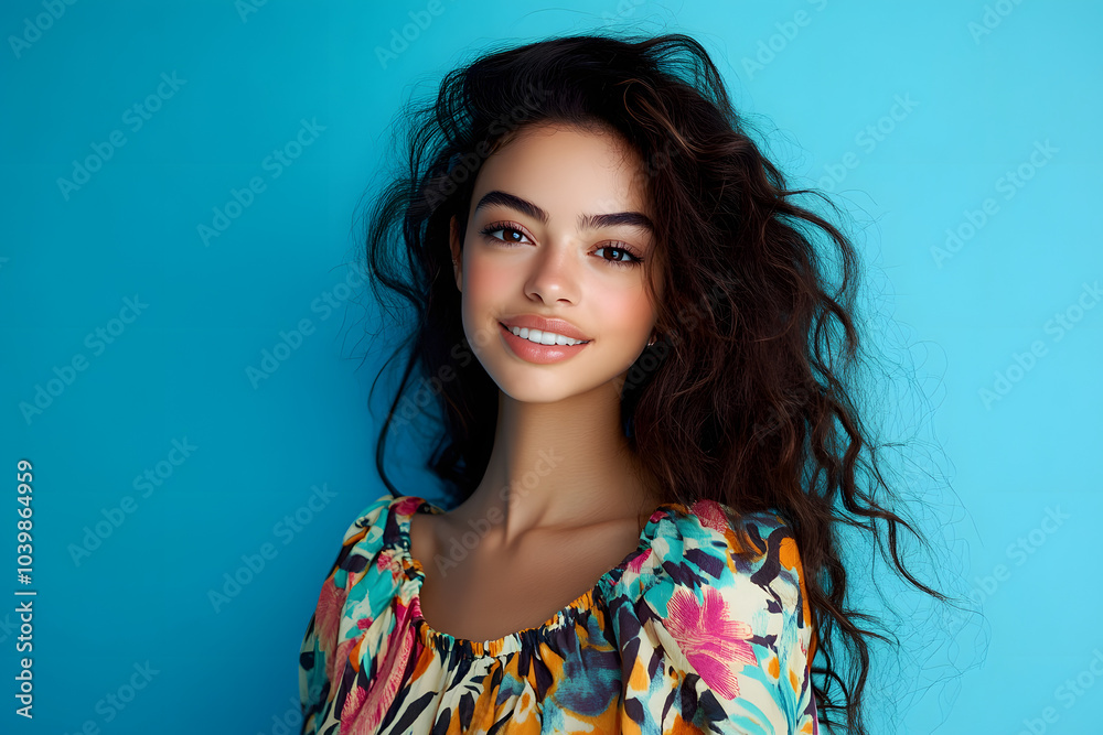 Photo of pretty lovely nice woman wear trendy print clothes isolated on blue color background Photo of pretty lovely nice woman wear trendy print clothes isolated on blue color background