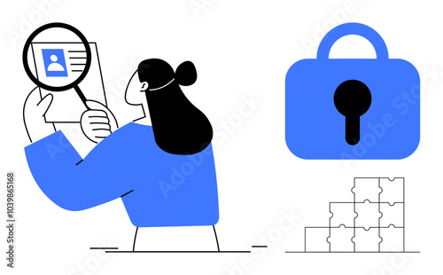 A person holds an ID card while a large lock and puzzle pieces are nearby. Ideal for identity verification, security measures, privacy protection, data control, and cybersecurity. Flat vector graphic