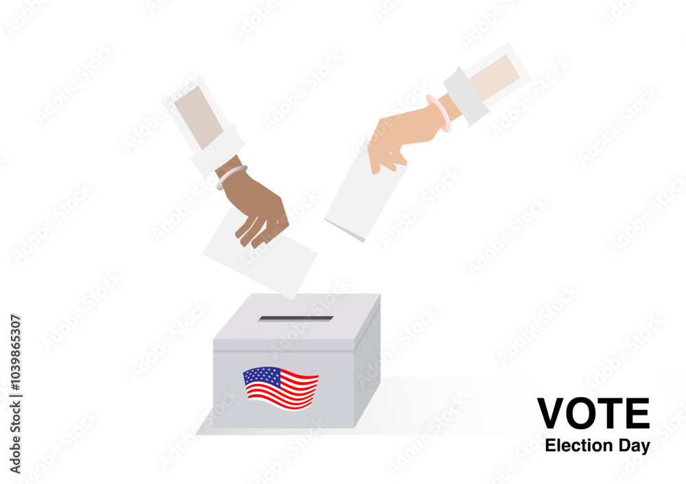 American voter drop ballot in the election box on national flag of the USA background American voter drop ballot in the election box on national flag of the USA background