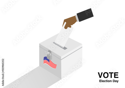 voter dropping ballots card in the election box isolated on white background