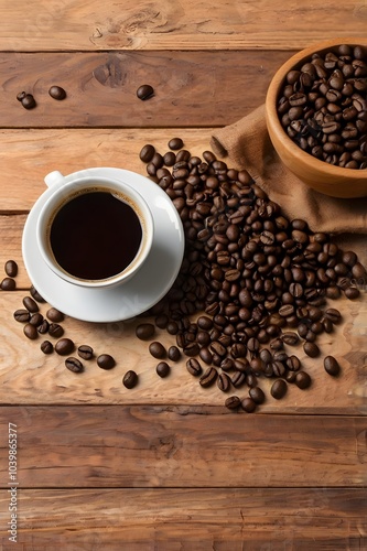 White elegant coffee cup with dark brown roasted beans on rustic wooden table, aromatic energetic beverage drink on cozy warmth inviting setup