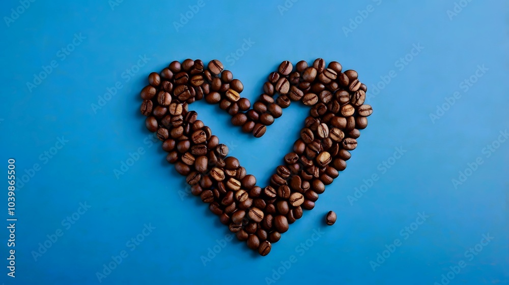 Heart or love shape coffee beans on sky blue solid background, roasted brown caffeine bean warmth luxury royal & artistic theme. top view Heart or love shape coffee beans on sky blue solid background, roasted brown caffeine bean warmth luxury royal & artistic theme. top view