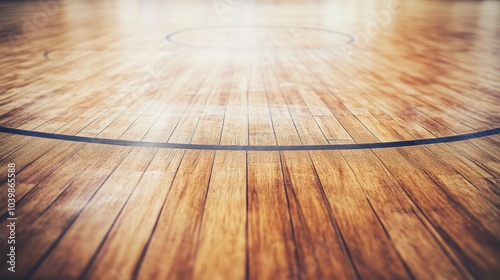 A basketball court with a focus on the texture of the hardwood floor, indoor setting with polished surface, Sleek style