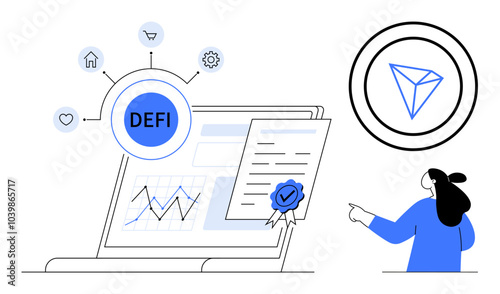 Digital art showcasing DeFi through icons around a laptop graph, certificate, blockchain symbol, and pointing person. Ideal for finance, blockchain tech, smart contracts, investment, digital economy
