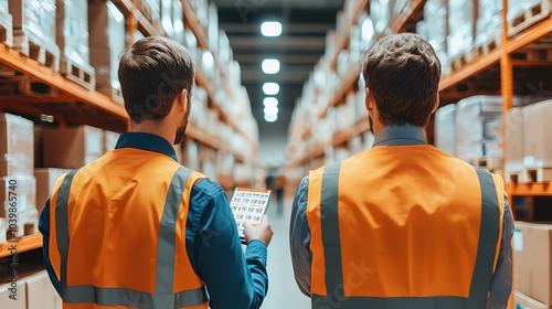 Workers in safety vests scanning barcodes, warehouse shelves filled with goods, early morning light seeping through skylights, wide shot, soft hues photo