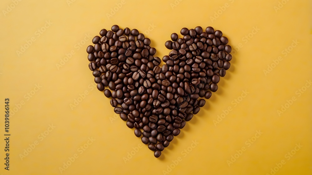 Heart or love shape coffee beans on vibrant yellow solid background, roasted brown caffeine bean warmth & artistic arrangement. top view Heart or love shape coffee beans on vibrant yellow solid background, roasted brown caffeine bean warmth & artistic arrangement. top view