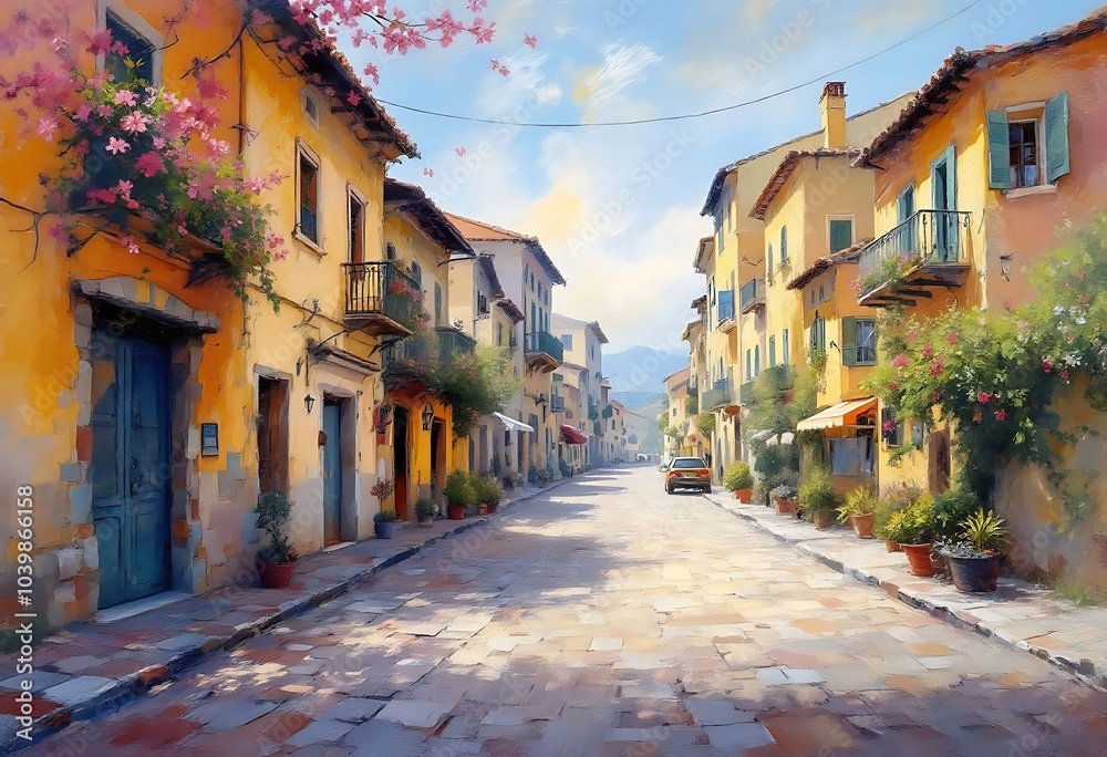 Fototapeta premium Oil painting, Street in Kefalonia, Greece 