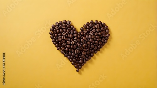 Heart or love shape coffee beans on vibrant yellow solid background, roasted brown caffeine bean warmth & artistic arrangement. top view