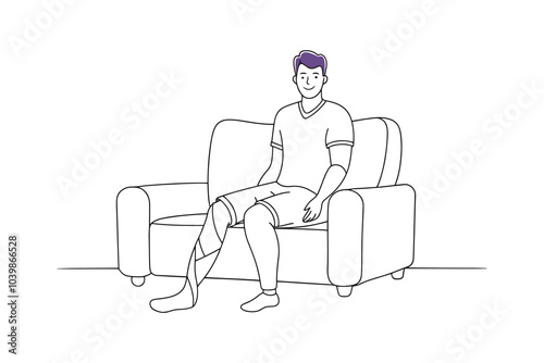 Man seated on a couch, his broken leg in a cast, conveying a sense of recovery isolated continuous line art flat vector illustration on white background.