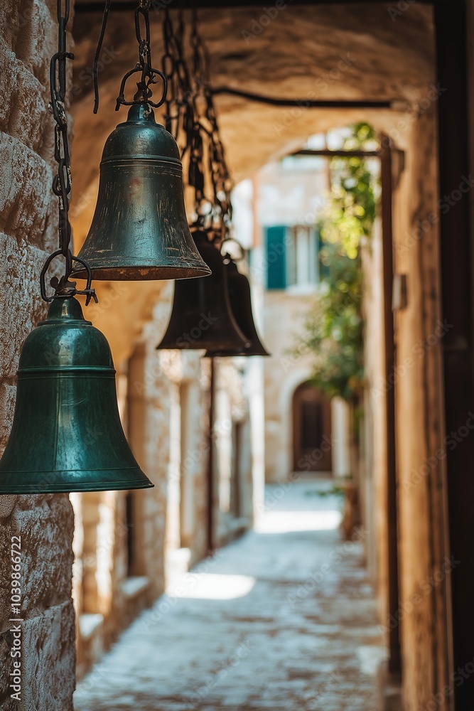 Obraz premium Old bells in a sunlit stone alley create a nostalgic atmosphere.