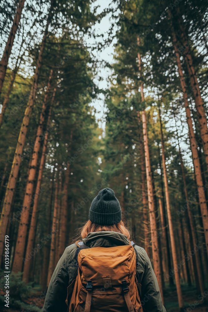 A person in a beanie and backpack navigates a dense forest path, exploring the serenity and beauty of nature. A person in a beanie and backpack navigates a dense forest path, exploring the serenity and beauty of nature.