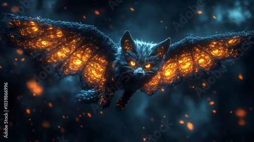 Spooky flying fox with fractalinspired wings against a dark Halloween backdrop The patterns blend into the night with eerie shapes and colors that create a ghostly surreal vibe photo