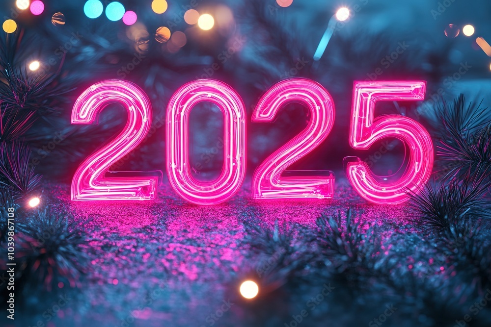 Neon lights forming 2025 amidst festive backdrop Neon lights forming 2025 amidst festive backdrop