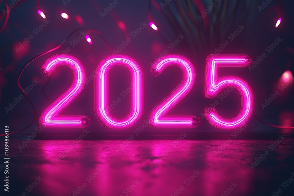 Neon glowing numbers 2025 with festive background