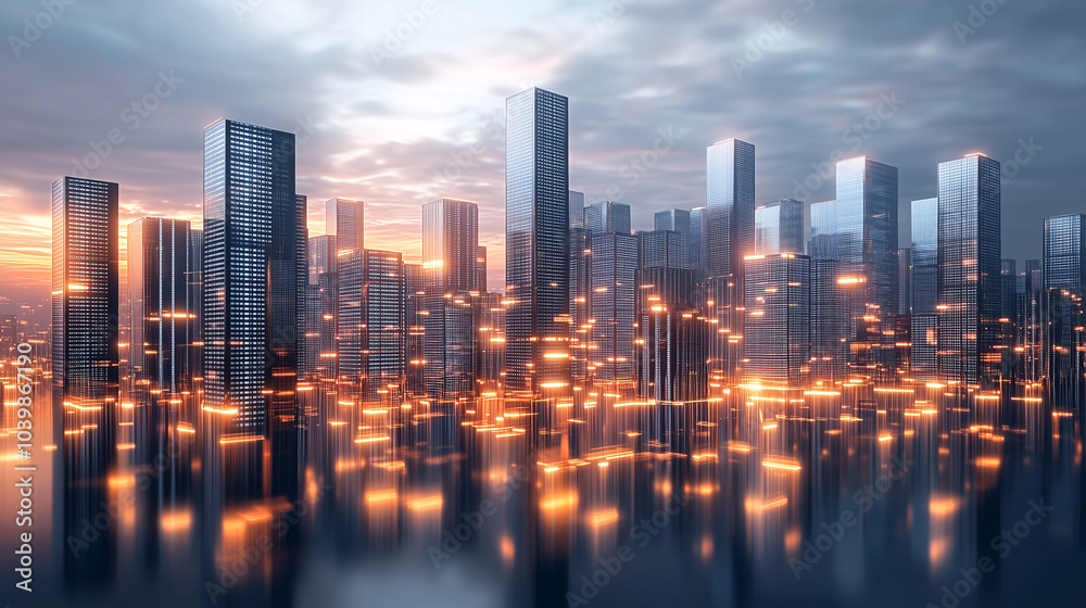 Obraz premium Futuristic city skyline with glowing buildings reflecting on water