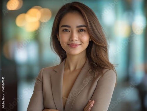 Confident young philippine businesswoman smiling with arms crossed