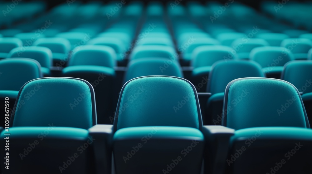 Rows of teal theater seats arranged in a spacious cinema hall awaiting the audience for an evening show. Rows of teal theater seats arranged in a spacious cinema hall awaiting the audience for an evening show.