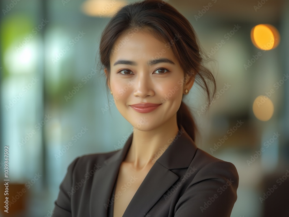 Confident mature asian businesswoman smiling in office building Confident mature asian businesswoman smiling in office building