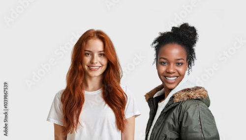 red-haired young caucasian woman wearing simple, cozy white t-shirt, portrait and a african american woman, black people, young generation, young women, two best friends smiling, summer shirt and gree