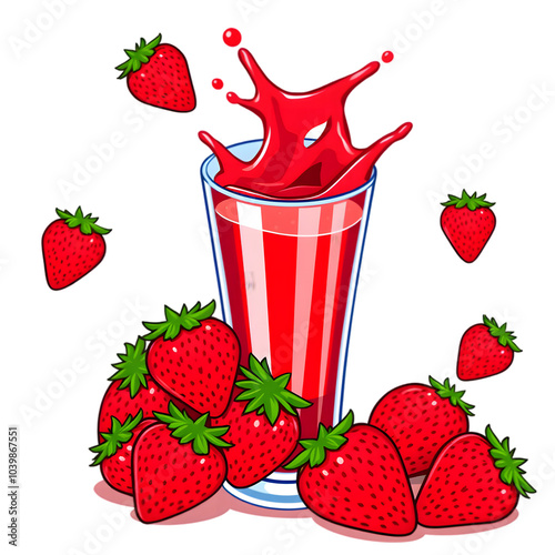 A vibrant illustration of a glass overflowing with luscious strawberry juice, surrounded by juicy, ripe strawberries