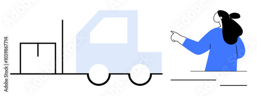 A woman in a blue outfit points towards a truck and a box on a white background. Ideal for logistics, delivery, transportation, supply chain, and business concepts. Clean, minimalist, modern