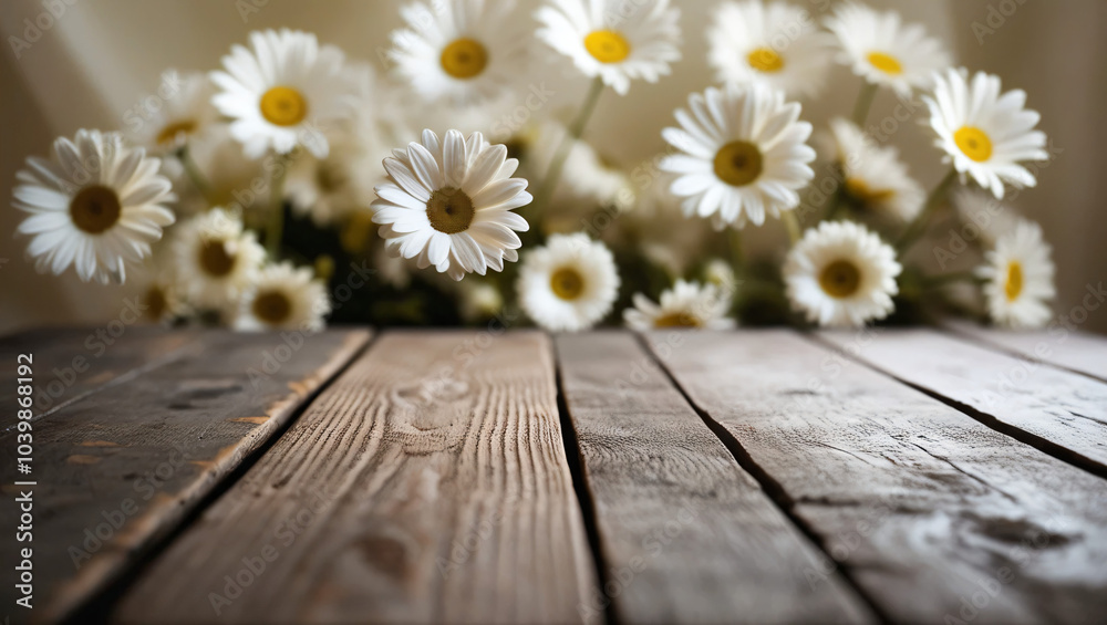 Obraz premium Empty wooden table top with daisy flower background blurred, good for product display