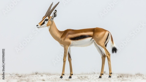 A graceful gazelle stands on a sandy surface against a white background.