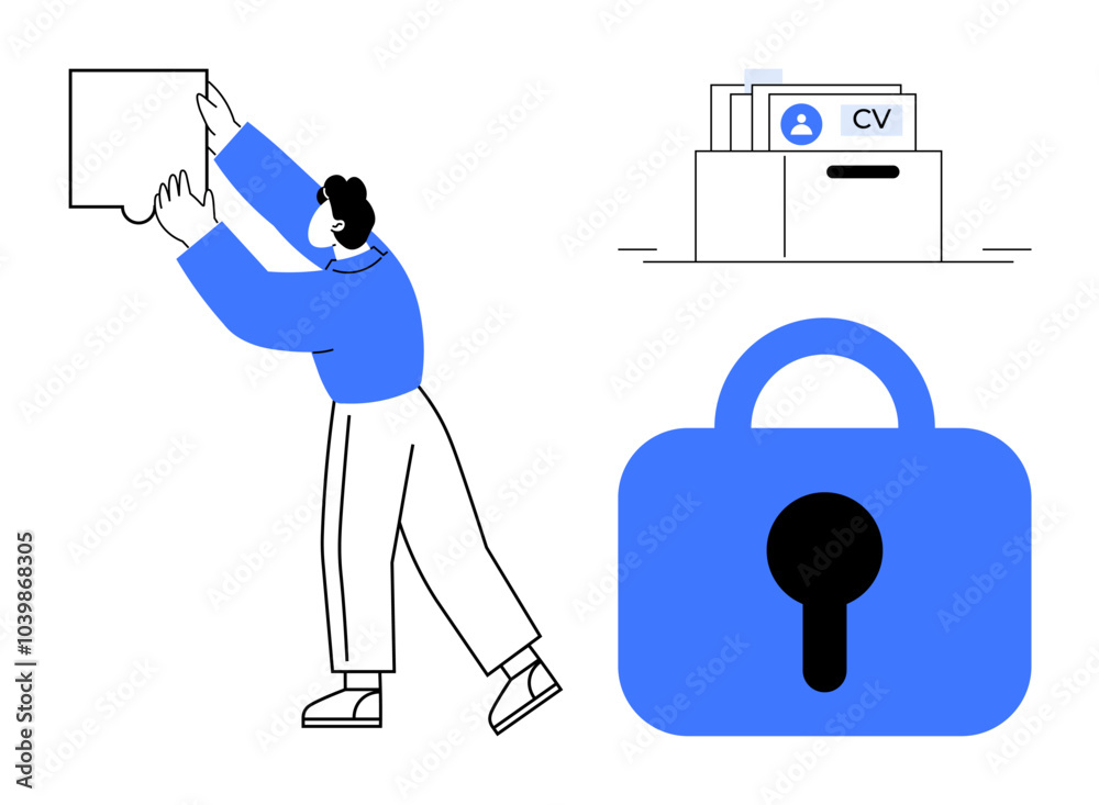 Man fitting puzzle piece, file cabinet with CVs, and a padlock symbol emphasizes problem-solving, data management, and security. Ideal for employment, recruitment, personal information protection Man fitting puzzle piece, file cabinet with CVs, and a padlock symbol emphasizes problem-solving, data management, and security. Ideal for employment, recruitment, personal information protection