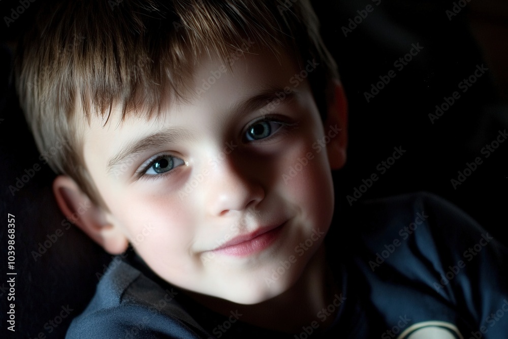 A young boy smiling softly while resting comfortably at home during a quiet afternoon A young boy smiling softly while resting comfortably at home during a quiet afternoon