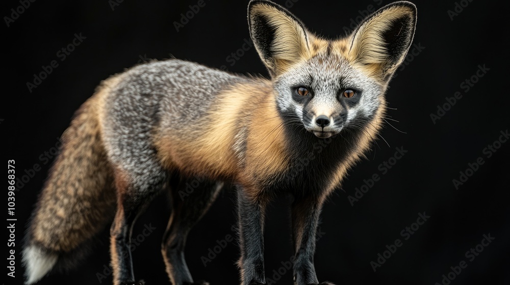 Fototapeta premium A gray fox with large ears and a black nose stands on a black background.