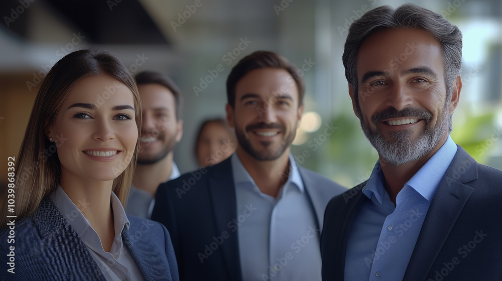 Happy business team standing confidently in an office environment Happy business team standing confidently in an office environment