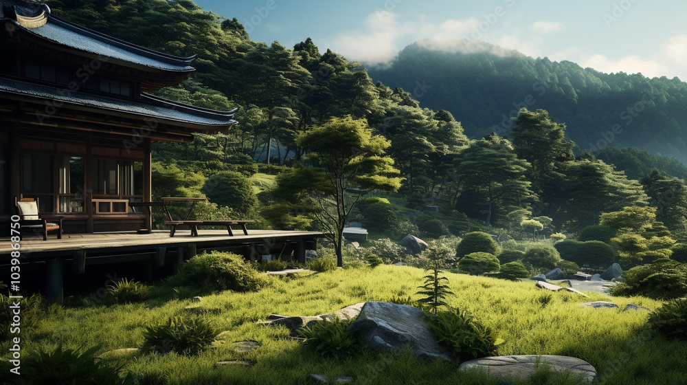 Illustration of an unusual wooden house in rustic style. Beautiful nature against the backdrop of mountains and forest. Illustration of an unusual wooden house in rustic style. Beautiful nature against the backdrop of mountains and forest.