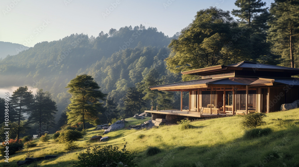 Illustration of an unusual wooden house in rustic style. Beautiful nature against the backdrop of mountains and forest. Illustration of an unusual wooden house in rustic style. Beautiful nature against the backdrop of mountains and forest.